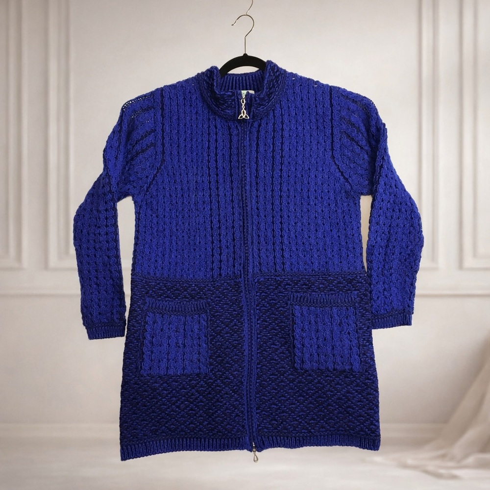 Aran Crafts Cobalt Blue Knit Zip-Front Long Cardigan